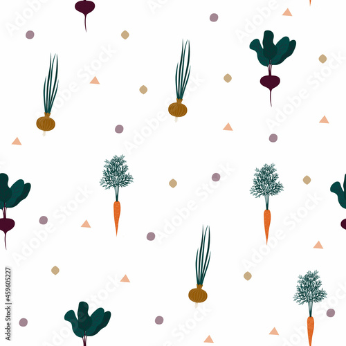 Seamless background with images of vegetables-onions, beets, potatoes, carrots. Vector pattern on a white background in a flat style.