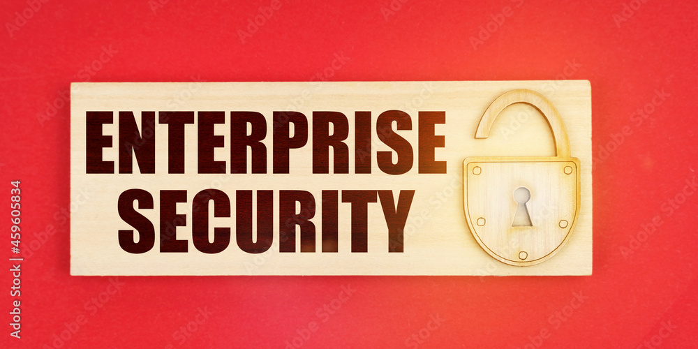 On a red background there is a small plaque on it with a lock and an inscription - ENTERPRISE SECURITY
