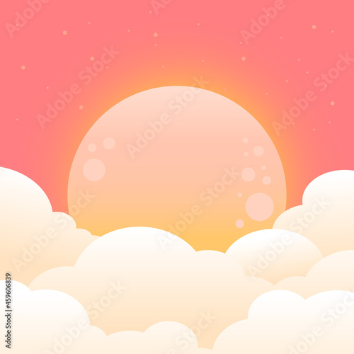 Evening pink sky and cloud with super moon vector wallpaper background.