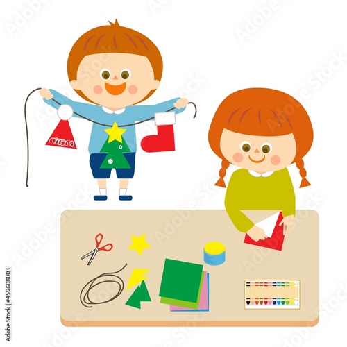 クリスマス飾りを作る子供たち