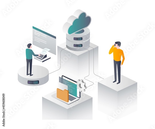 flat isometric vector illustration, Staff IT Security, Cloud VoIP and eFax