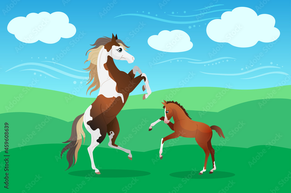 Paint horse mare with adorable foal on pasturage in summer Paint horse mare with adorable foal on pasturage in summer
