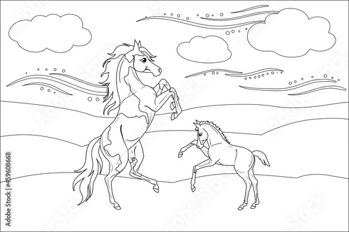 Horse with a foal. Coloring book for children. Vector illustration