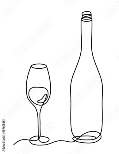 Drawing line bottle of champagne or wine on the white background. Vector