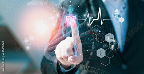 Businessman using medical interface screen,health analysis information,concept of emergency treatment and medical services,healthcare,diagram,medicine examination analysis report technology network