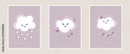 baby drawing cute clouds stars rain hearts pink background vector illustration