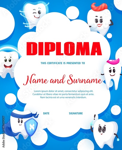 Cartoon happy tooth characters, dental care service kids vertical diploma. Dentist or dental clinic children vector diploma, child achievement certificate with smiling healthy boy and girl teeth