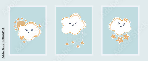 baby drawing cute clouds sun flowers hearts turquoise background vector illustration