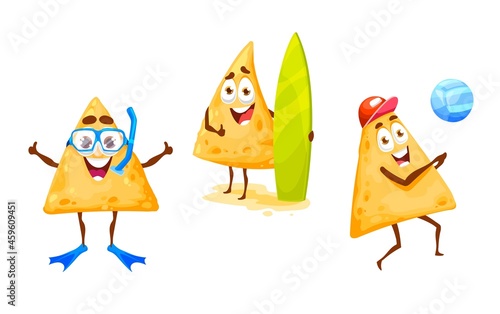 Mexican nachos chips diving, playing volleyball and surfing summer beach leisure. Happy vector tex mex cartoon characters nacho diver and surfer on vacation. Holidays fun, relax and outdoor recreation