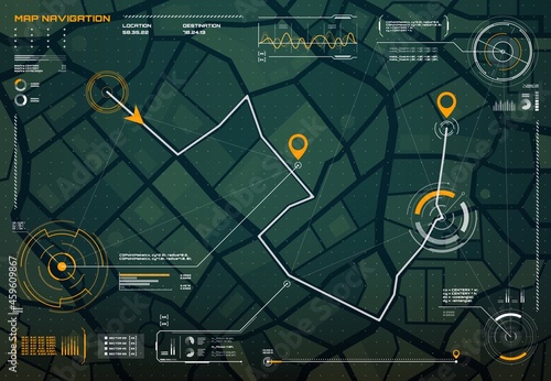 HUD navigation or city map navigation screen interface with compass, graphs and map points, vector. HUD roadmap or city map with satellite location pins and traffic route direction, smart app