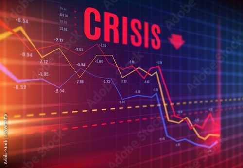 Crisis or stock crash on market, loss trading and investment indicators downturn, vector. Stock exchange market and financial business crisis and economic fall down with flow charts and diagram