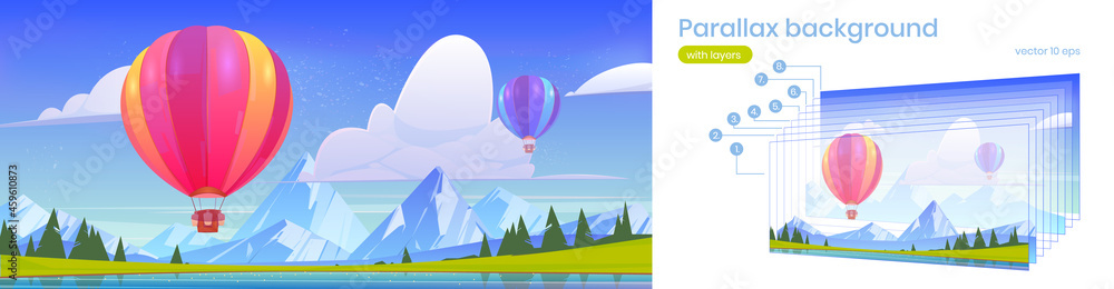 Obraz premium Parallax background hot air balloons flying in blue sky above mountains valley with pond and field. Scenery nature summer landscape with separated layers for game animation, Cartoon 2d vector scene