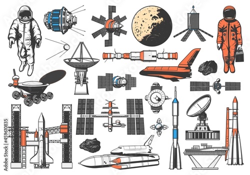 Fototapeta Naklejka Na Ścianę i Meble -  Space icons of rocket, spaceman and planets satellites, vector galaxy exploration. Lunar rover and spaceship shuttle, orbital station and meteor asteroids, cosmodrome spacecraft launch pad and sputnik