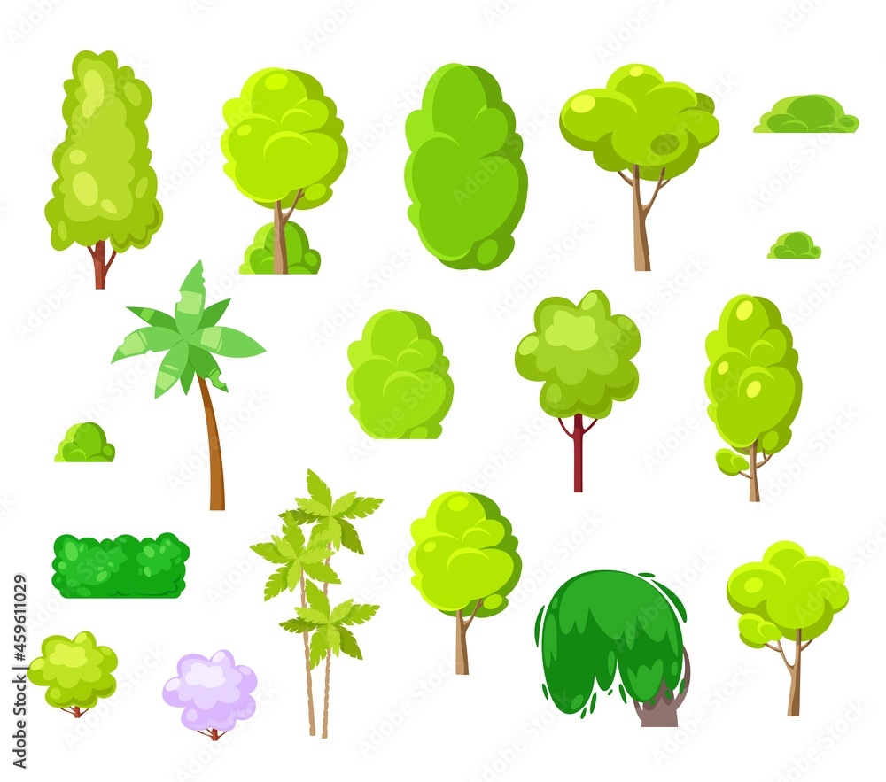 Landscape design cartoon trees, plants, shrubs and palms. Vector park and tropical trees isolated on white background. Natural plants with green leaves and brown trunks, landscape design elements