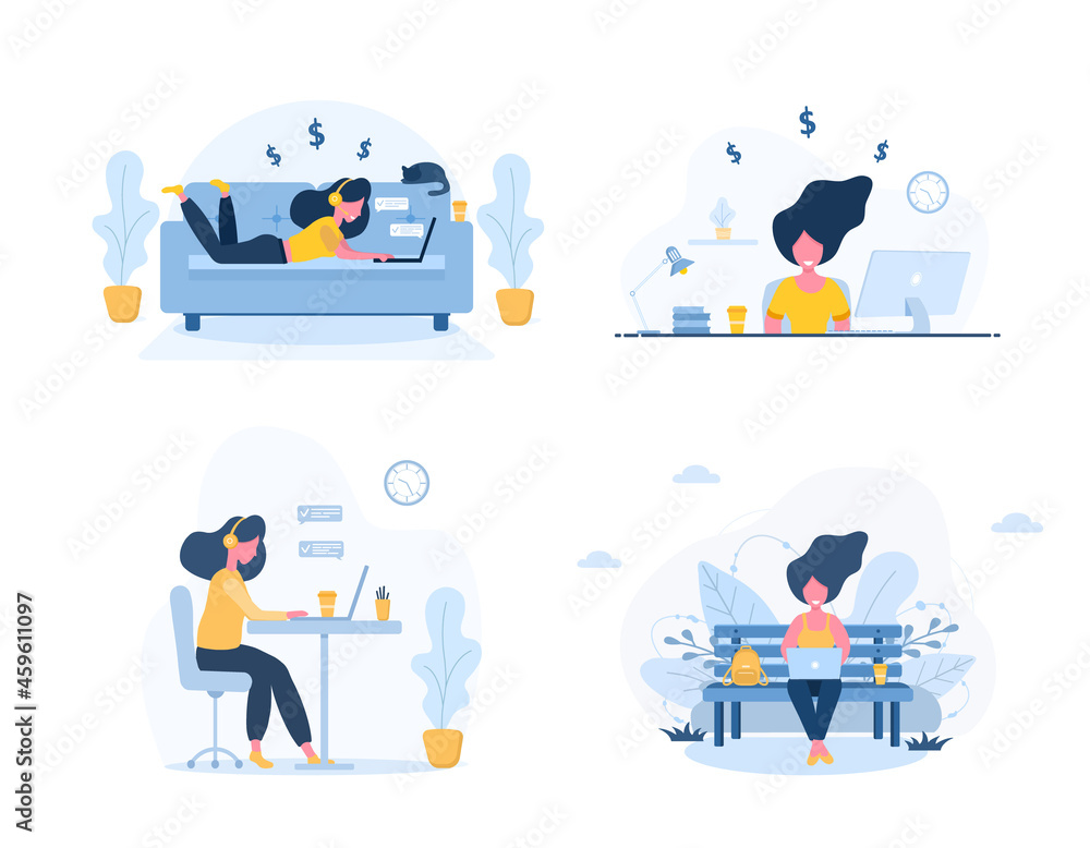 Work from home. Set of women freelancer. Concept illustration for online working, studying, shopping, education. Girls with laptops chatting and blogging. Vector illustration in flat cartoon style.