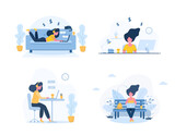 Work from home. Set of women freelancer. Concept illustration for online working, studying, shopping, education. Girls with laptops chatting and blogging. Vector illustration in flat cartoon style.