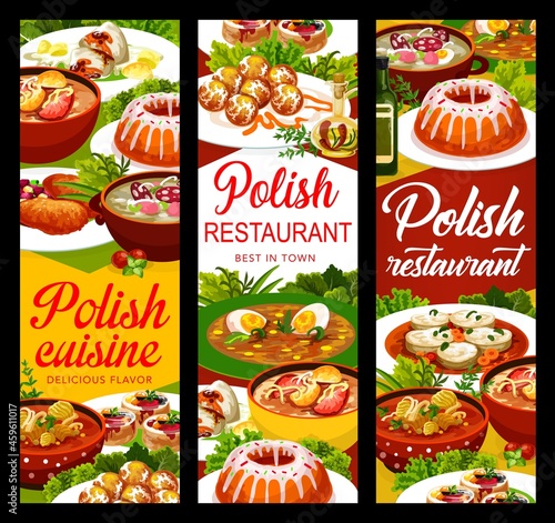 Polish cuisine food banners or menu dishes and meals, vector lunch and dinner. Polish cuisine white borscht and pork schnitzel, Warsaw donuts and pike perch with Christmas carp and zurek soup