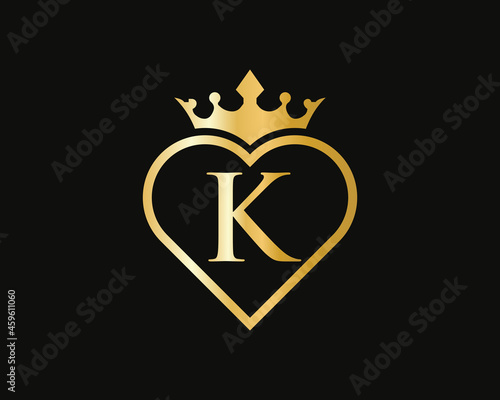 Elegant K Logo With Crown and Love Shape. Heart Letter K Logo Design, Gold, Beauty, Fashion, Cosmetics Business, Spa, Salons, And Yoga Vector Luxury Concept Template