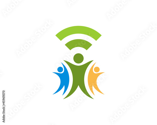 Happy people with wifi symbol in the middle
