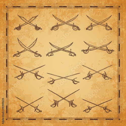Crossed pirate sabers, swords and epees sketch, vector ancient map elements. Pirate buccaneer or corsair sabers and nautical cutlass in vintage engraving sketch for pirates treasure map