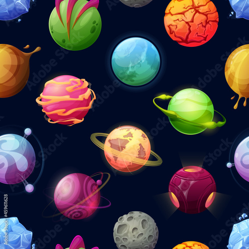 Cartoon space planets and stars seamless pattern. Futuristic vector background with asteroids, fantastic cosmic alien world. Galaxy objects with rings, craters and glowing surface, astronomy
