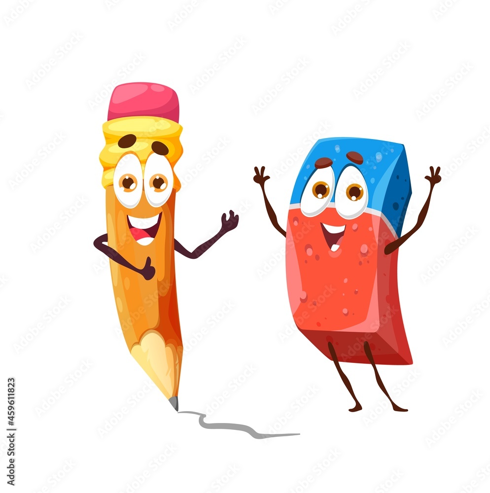 Cartoon funny school pencil and eraser characters Happy smiling two