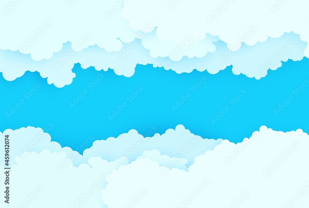 Blue sky and white clouds border in paper cut style. 3d papercut background with top view cloudy sky. Simple weather layered banner. Vector card illustration of cloudscape pastel colors