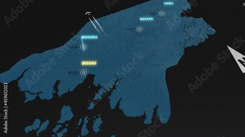 Seamless looping animation of the 3d terrain map at nighttime of Guinea Bissau with the capital and the biggest cites in 4K resolution photo