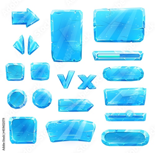 Game asset of blue ice crystal buttons, cartoon vector set. Menu interface of iced textured blocks and cubes, ui gui graphic elements. Frozen slider, isolated arrow and cross. User panel interface