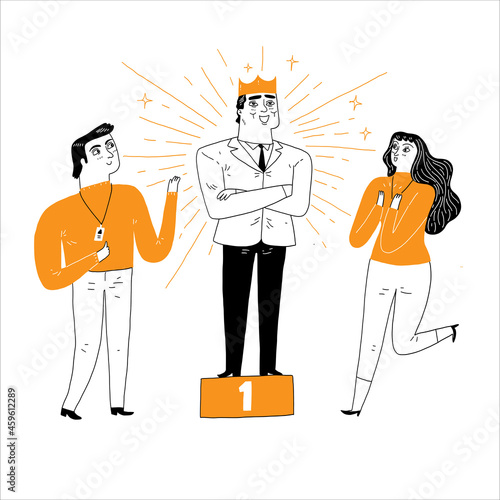 The winning businessman stands on the podium