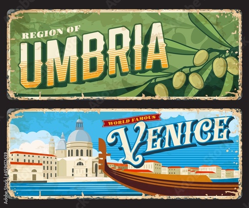 Venice and Umbria Italian provinces vintage plates and stickers, vector tin signs. Italy cities entry sings or car number plates with travel landmark symbols and tourism sightseeing