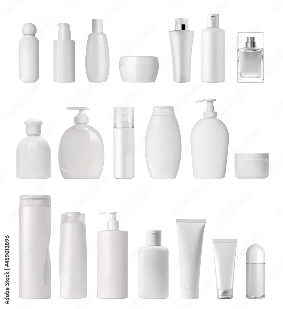 Cream tube and spray, soap dispenser and lotion bottle. Realistic cosmetics package vector 3d mockup. Isolated pump container, liquid lather, beauty cosmetic products for mock up set vector de Stock
