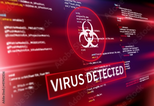 Virus detected warning alert message on computer screen, vector internet cyber security background. Hacking attack and virus detection spyware or digital antivirus malware for internet data fraud photo