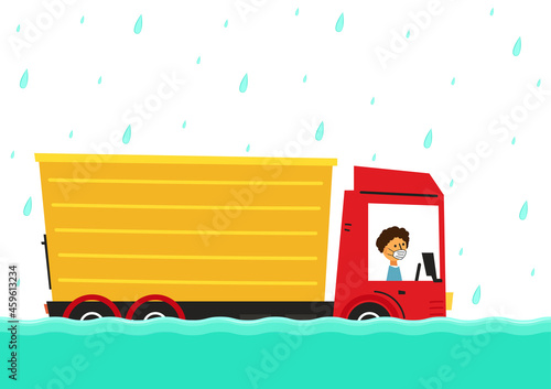 Flooded road vector. Road flooding. A truck trying to drive against flood on the street.