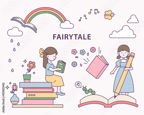 A cute little girl is sitting on a stack of books and reading a book. Cute little girl is holding a pen and writing in a notebook. outline simple vector illustration.