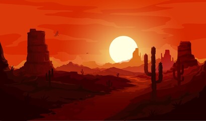 Keuken achterwand Bruin American desert landscape. Texas western mountains and cactuses, condor eagles and sunset background. Vector Wild West dry desert landscape with path go through rocks under red sky at dusk  © Vector Tradition