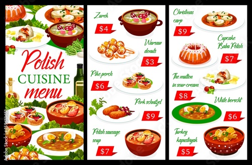 Polish cuisine restaurant menu, Poland food dishes of lunch and dinner, vector. Polish cuisine gourmet food meals of pork schnitzel, white borscht and zurek soup, Polish baba cupcake and Warsaw donut