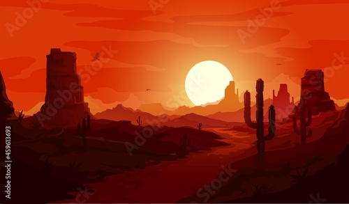 American desert landscape. Texas western mountains and cactuses, condor eagles and sunset background. Vector Wild West dry desert landscape with path go through rocks under red sky at dusk