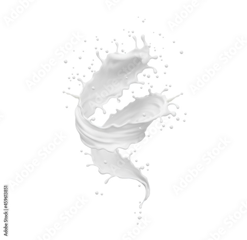 Milk twister, whirlwind or tornado realistic splash. White vortex youhurt wave with splatters and drops. Isolated liquid motion with scatter droplets, pouring dairy milk product. Realistic 3d vector photo