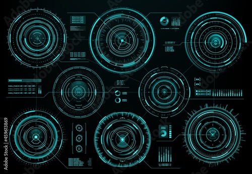 HUD futuristic circular interface screen panel, sci fi web interface and business infographic visual data, vector. HUD circular interface elements with digital graphs and chart diagrams on info screen