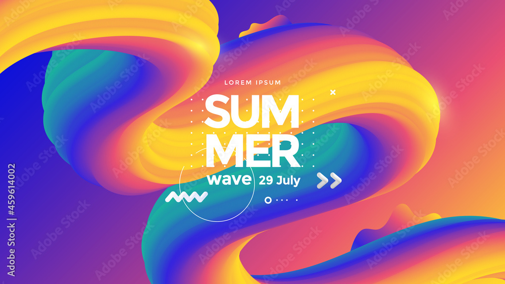 Summer wave festival poster. Abstract gradients background with 3d wavy shape. Colorful composition design for the cover, landing page. - obrazy, fototapety, plakaty 
