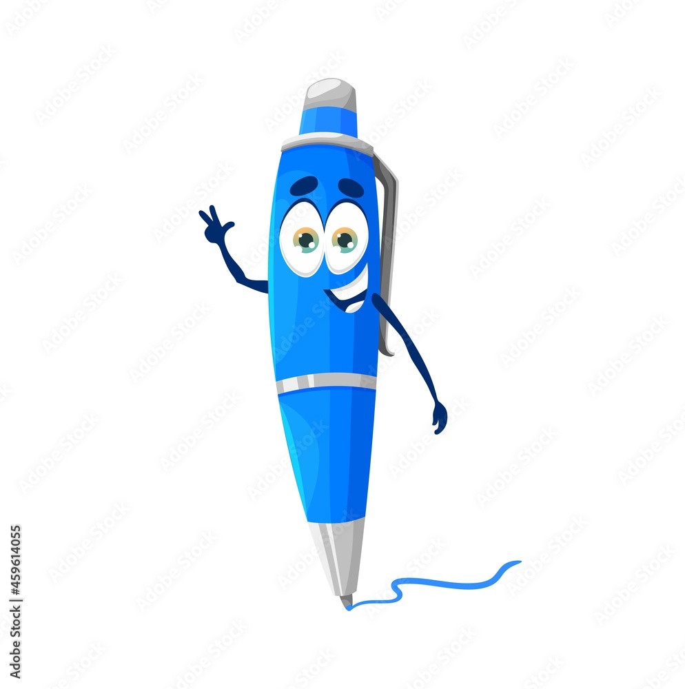 Cartoon cute funny school pen character. School or office stationery isolated vector happy smiling mascot, blue ball pen with button and clip or clamp writing line on white background Cartoon cute funny school pen character. School or office stationery isolated vector happy smiling mascot, blue ball pen with button and clip or clamp writing line on white background