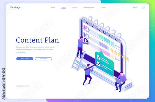 Content plan isometric landing page. Work organization in social media, publication management concept. Tiny people working around huge computer screen with calendar and profiles, 3d Vector web banner
