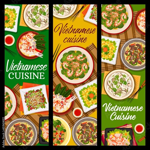 Vietnamese cuisine vector mango salad, shiitake mushroom soup pho and vegetable lamb salad. Beef noodle soup pho bo, spinach salad and eggplant stew with prawn soup pho food of Vietnam banners set