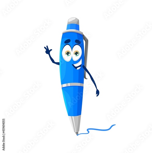 Cartoon cute funny school pen character. School or office stationery isolated vector happy smiling mascot, blue ball pen with button and clip or clamp writing line on white background