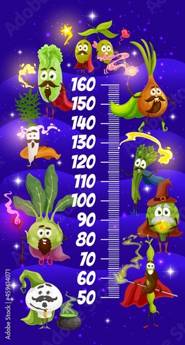 Cartoon magician, wizard and fairy vegetables on kids height chart, vector growth measure meter. Child measuring ruler scale with champignon, artichoke and daikon, asparagus and olives, bean, kohlrabi © Vector Tradition