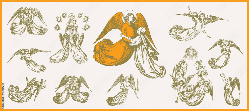 Catholic Angels engraving vector set Catholic Angels engraving vector set