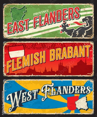 East and West Flanders or Flemish Brabant Belgian region vintage and travel stickers, vector. Belgium city tin signs and plates or luggage tags with Belgian heraldic symbols and tourism sightseeing