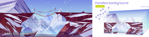 Parallax game background winter 2d layered landscape with mountain suspended rope bridge above deep cliff under falling snow. Scenery rocky nature view, panoramic interface Cartoon vector illustration
