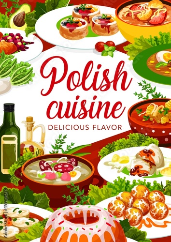 Polish cuisine food poster, dishes and meals menu for restaurant, vector lunch and dinner. Poland traditional cuisine white borscht and pork schnitzel, Polish sausage soup and baba cupcake